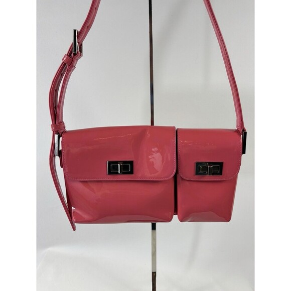 By Far Billie Patent Leather Top Handle Bag Bright Pink Pockets Toggles - Picture 2 of 14